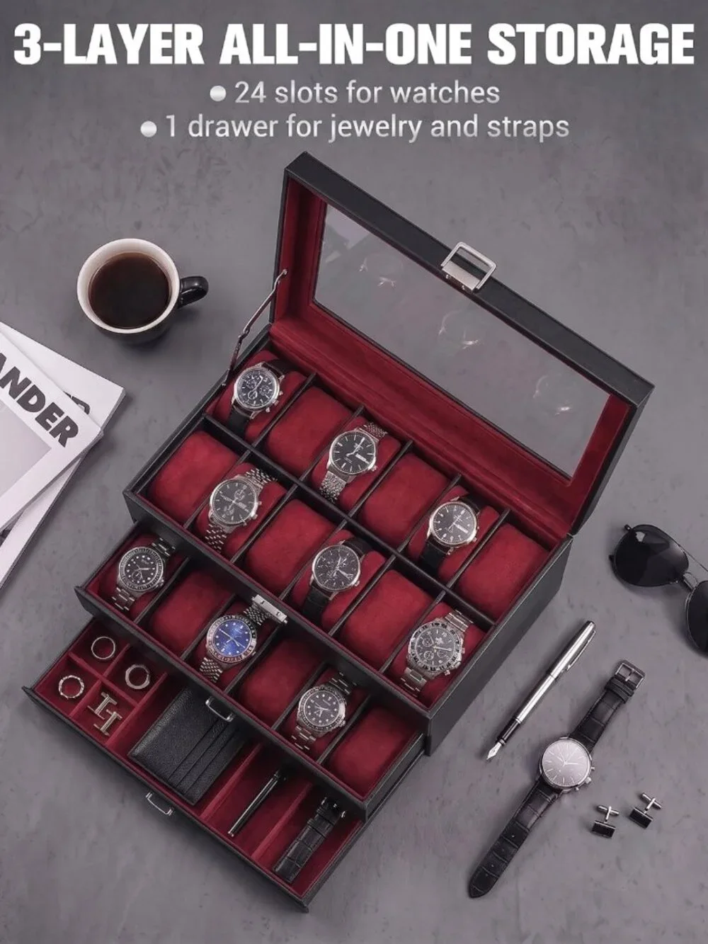 Large 24-Slot Watch Box for Men - Elegant Wine Red Organizer for Timepieces